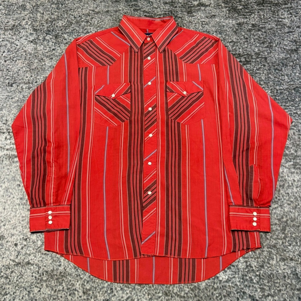 VTG Wrangler Western Shirt Pearl Snap 16 1/2 (XL) Red Cowboy Cut X-Long Tails